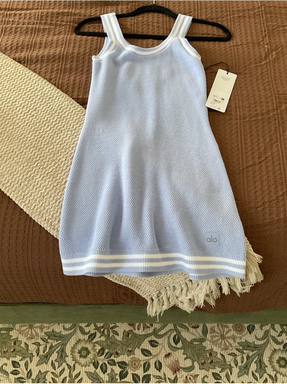 ALO Yoga Girls Pale Blue Knit Tank Nightgown with White Trim